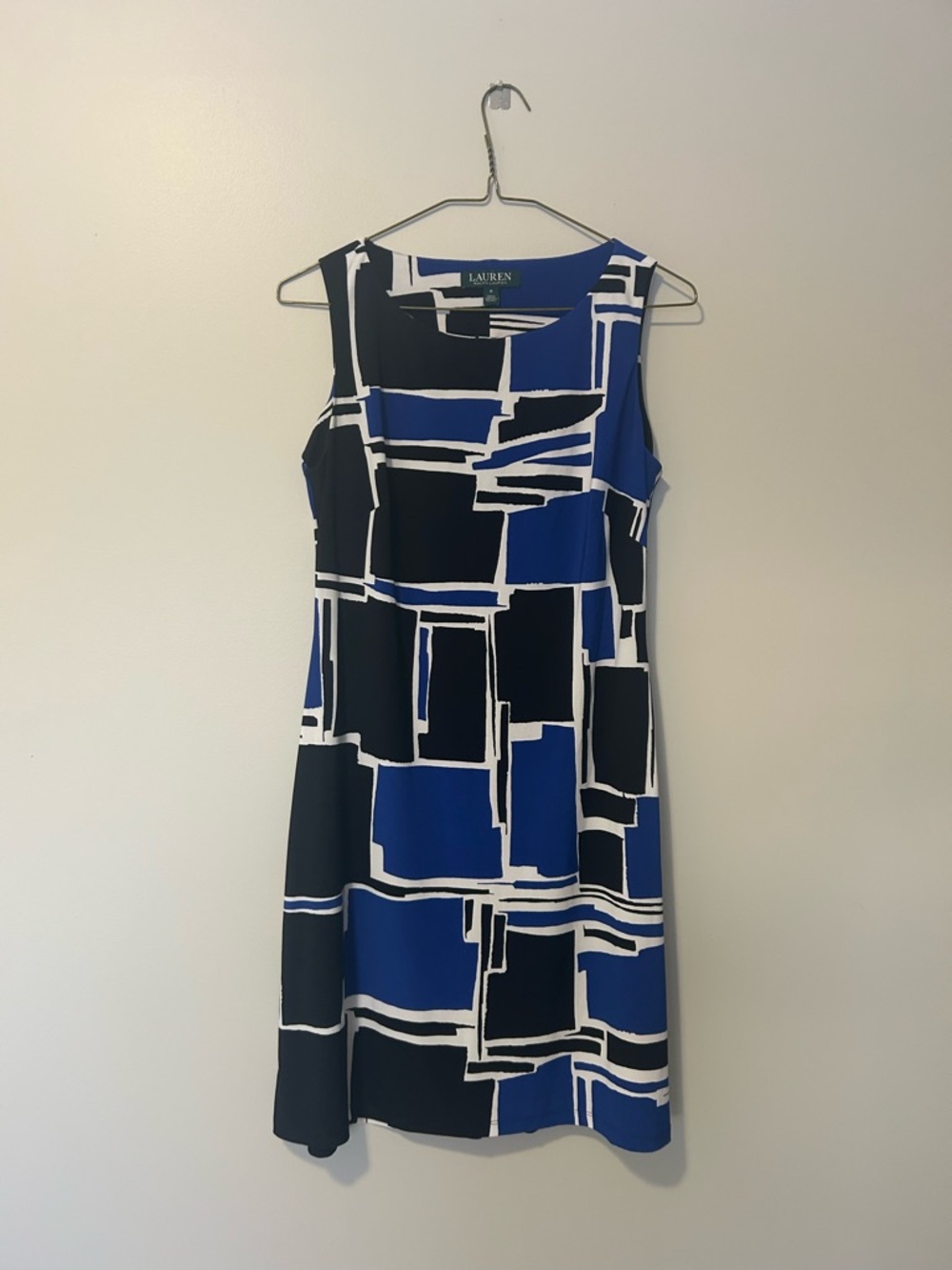 Ralph Lauren Blue, Black & White Sleeveless Geometric Midi Dress